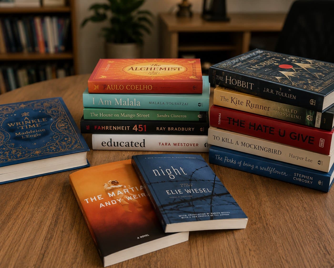 Stacks of novels and memoirs on a table, among them The Hobbit, The Alchemist, Educated, Night and To Kill a Mockingbird