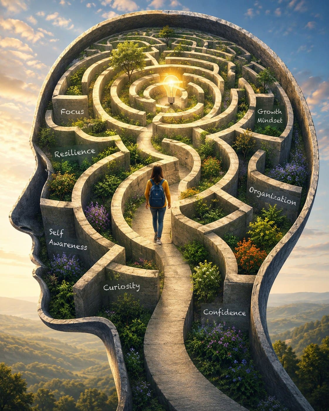 A student walking a path through a maze shaped like a head, past markers reading focus, resilience, curiosity, confidence, organization and growth mindset
