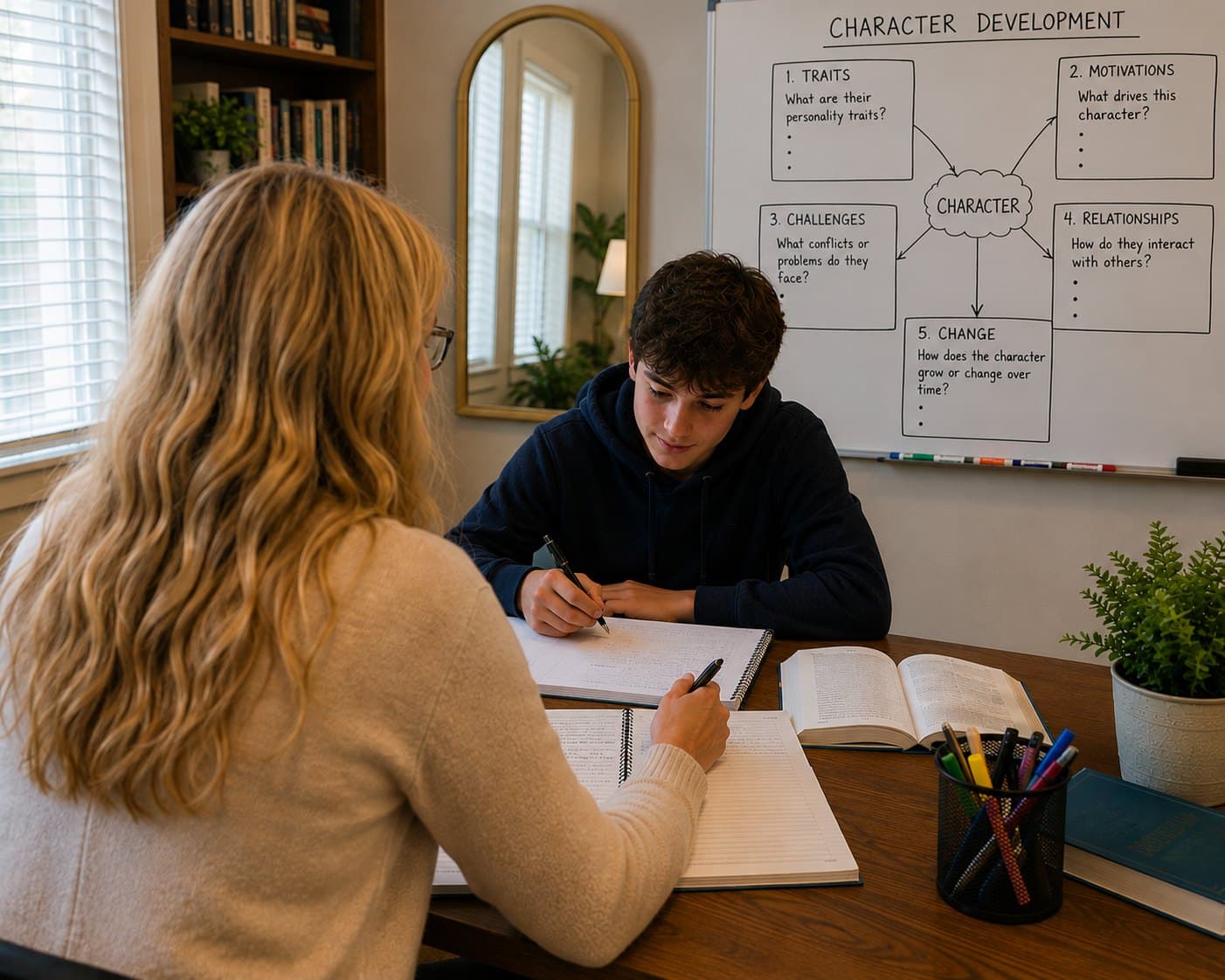 Sandy working one to one with a student at a table, a character-development diagram on the whiteboard behind them