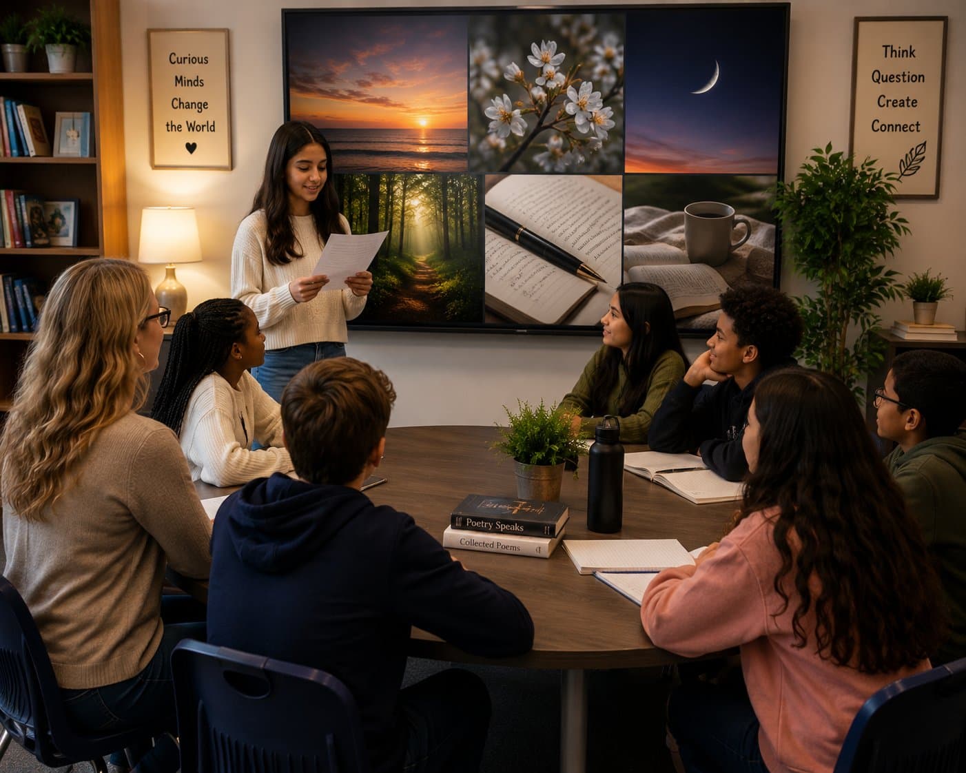 A student reading her writing aloud to an English homeschool class seated around the table, images of a sunrise, blossom and a notebook on the screen behind her