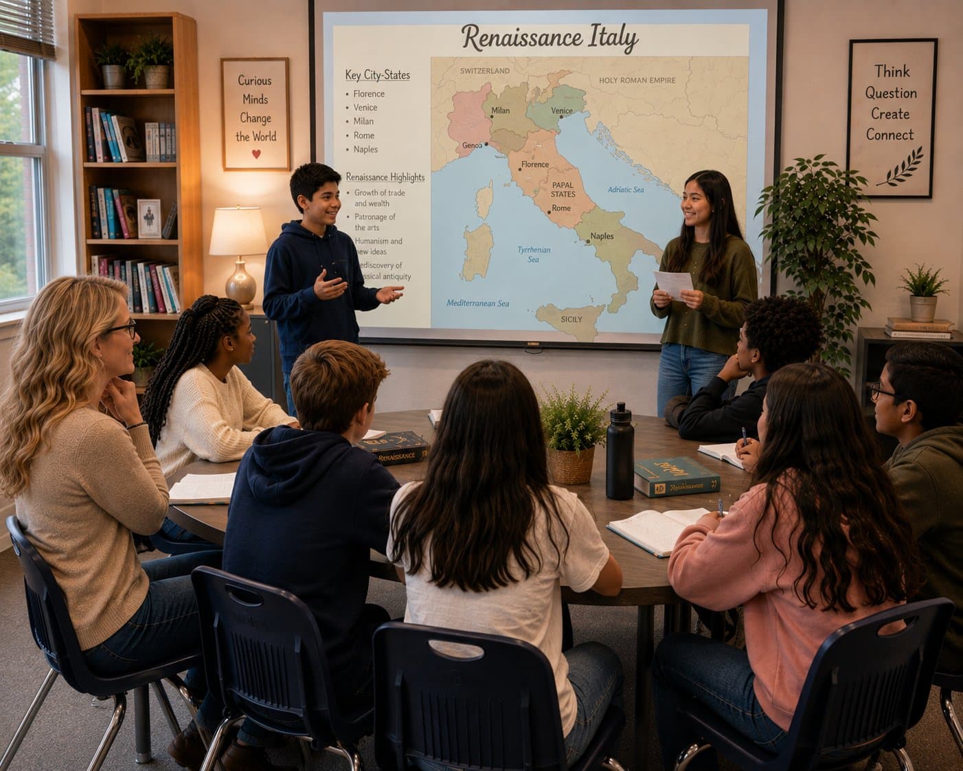 Two students presenting on Renaissance Italy to a History homeschool class, a map of the Italian city-states projected behind them