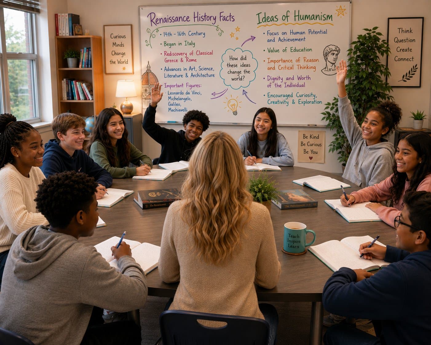 Students with their hands up around a table, a whiteboard behind them listing Renaissance history facts and the ideas of humanism