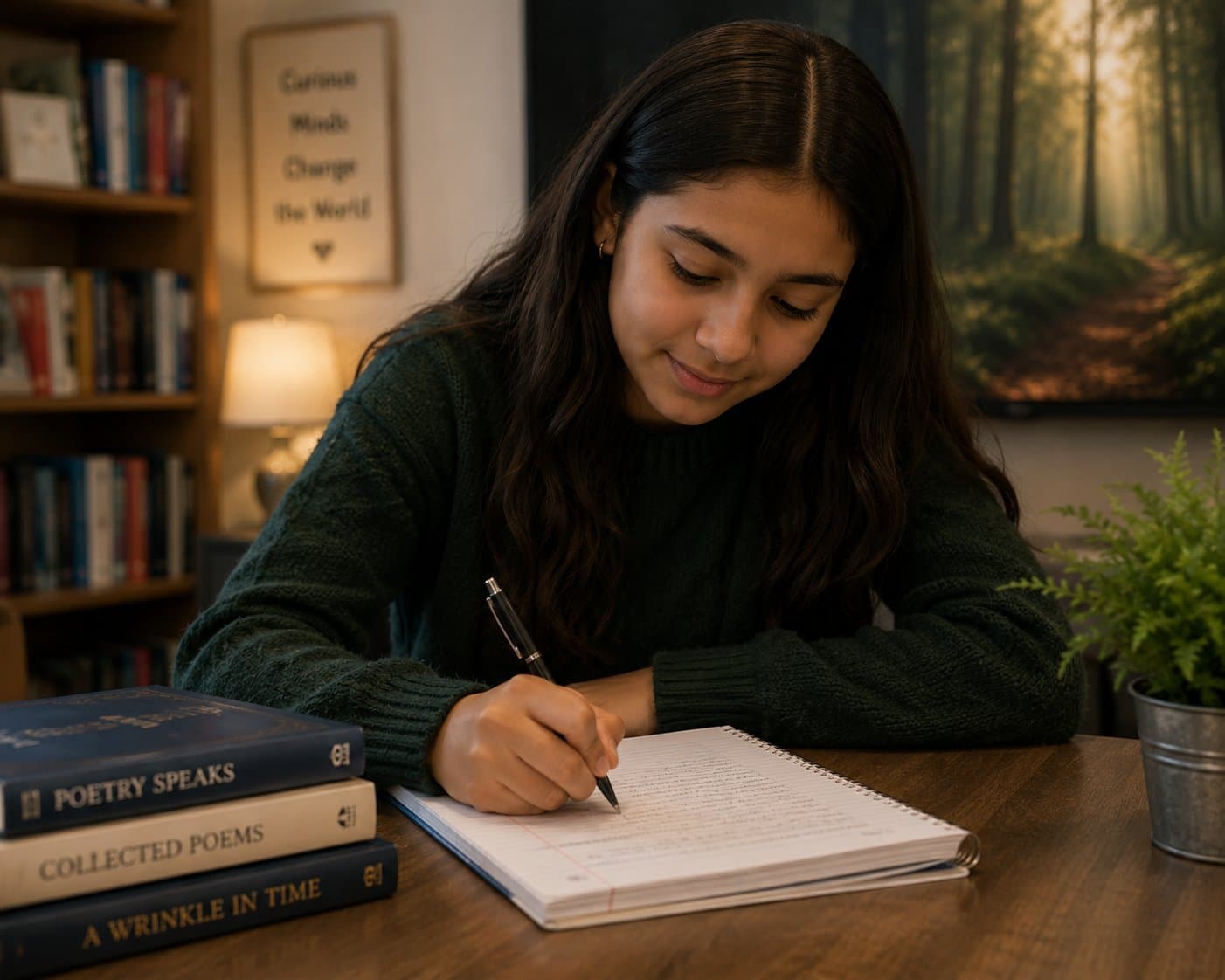 A student writing in a notebook at a table, poetry collections stacked beside her