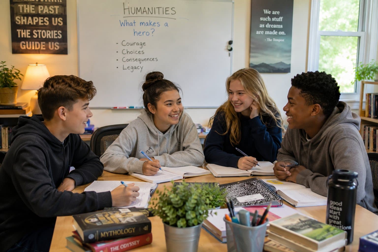 Four middle-school students talking and taking notes around a table, a humanities whiteboard behind them asking what makes a hero